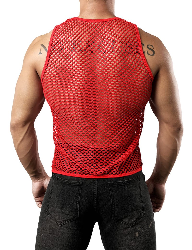 JOGAL Men's Mesh Fishnet Fitted Sleeveless Muscle Top Large WG01 Red - Image 3